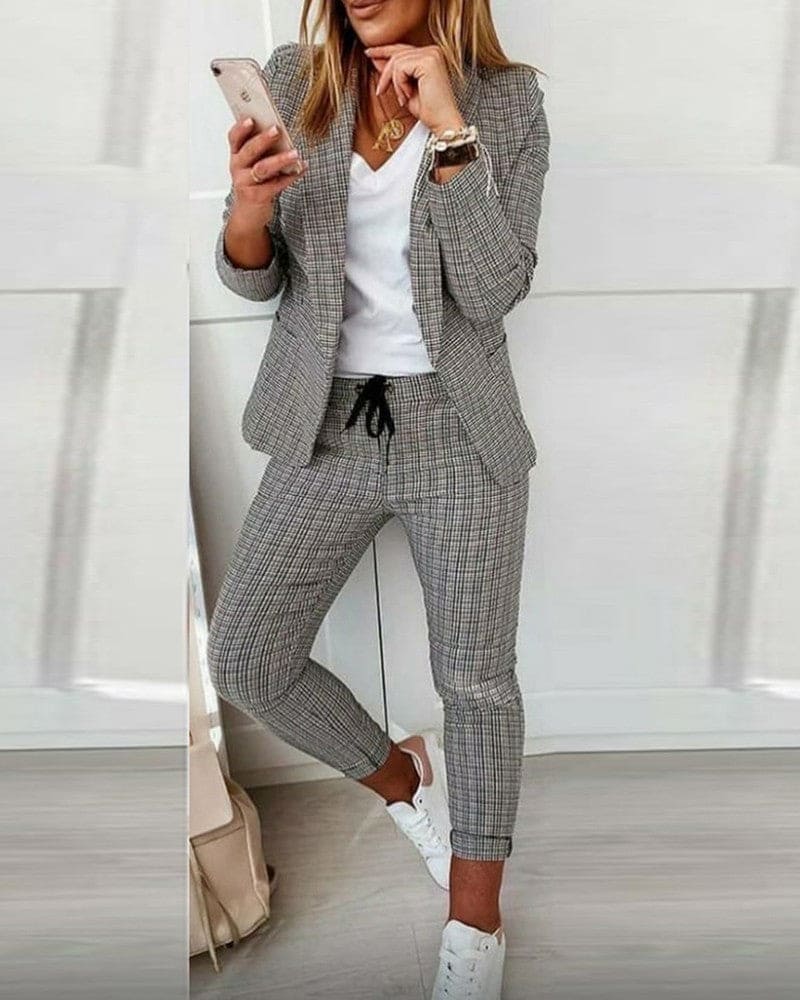 Blair | Women's Plaid Blazer Set Long Sleeve Jacket Slim Pants Suit