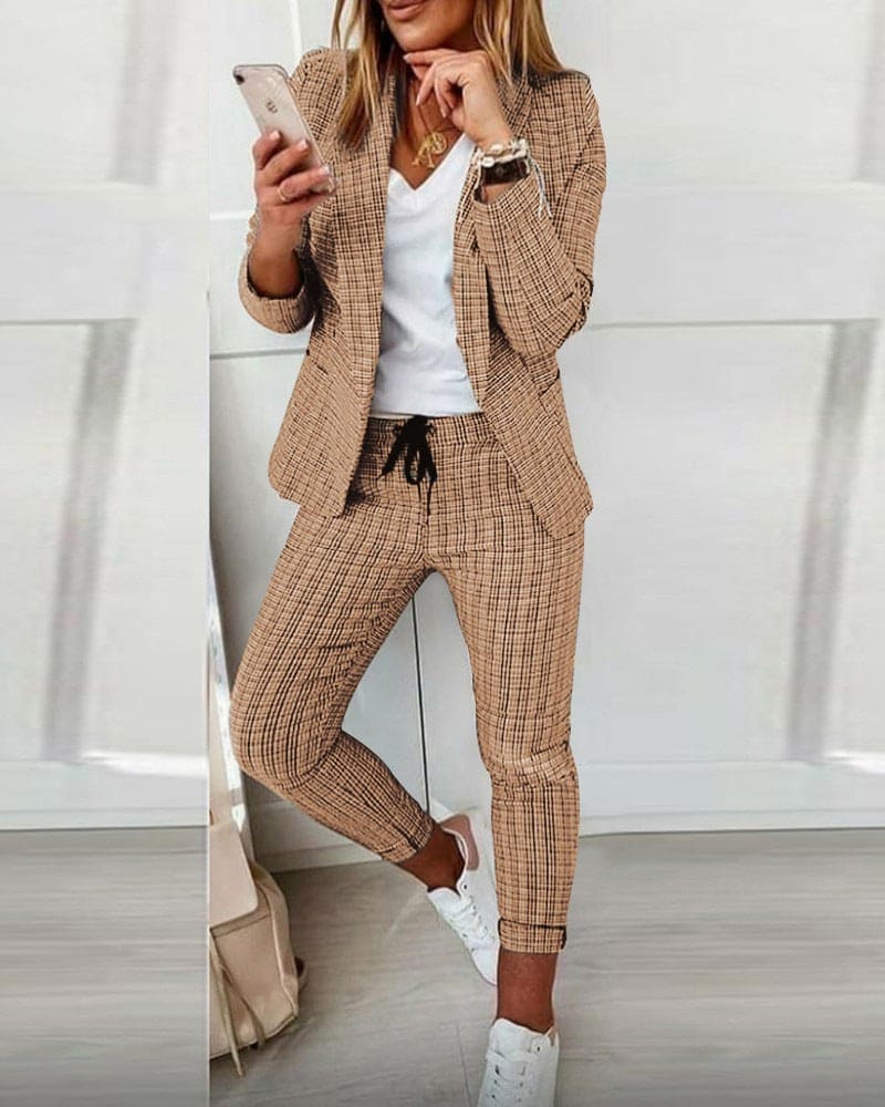 Blair | Women's Plaid Blazer Set Long Sleeve Jacket Slim Pants Suit