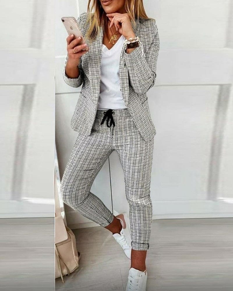 Blair | Women's Plaid Blazer Set Long Sleeve Jacket Slim Pants Suit