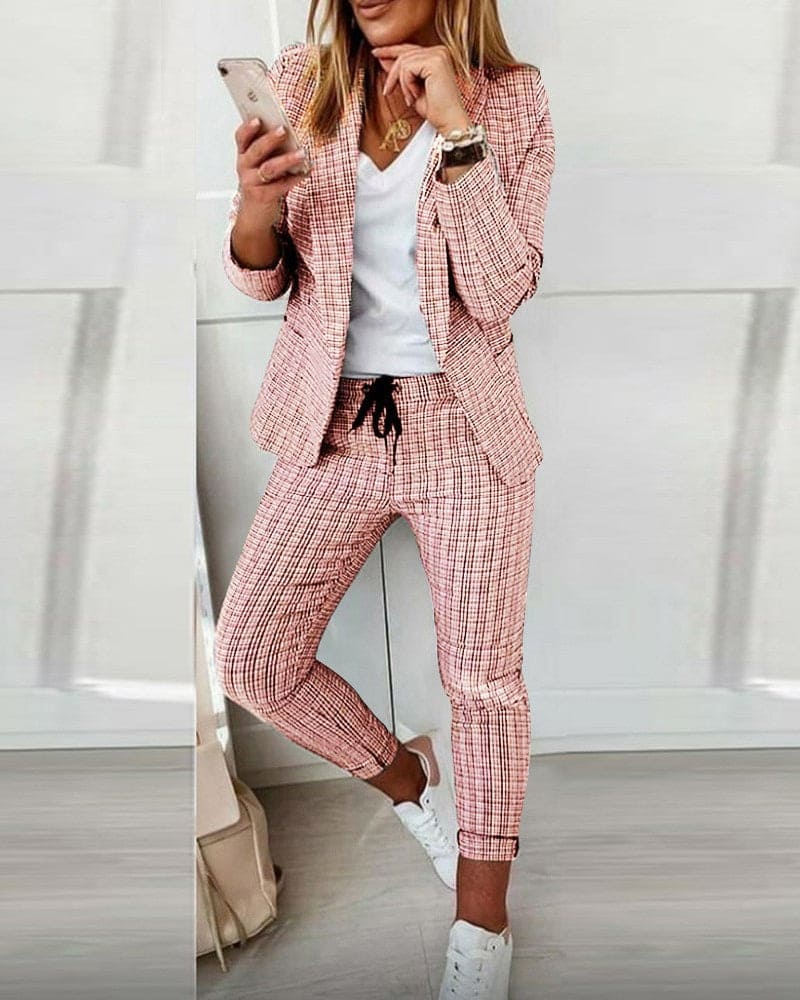 Blair | Women's Plaid Blazer Set Long Sleeve Jacket Slim Pants Suit