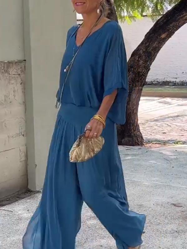 Celeste | Women's V-Neck Jumpsuit with Batwing Sleeves and Wide Legs