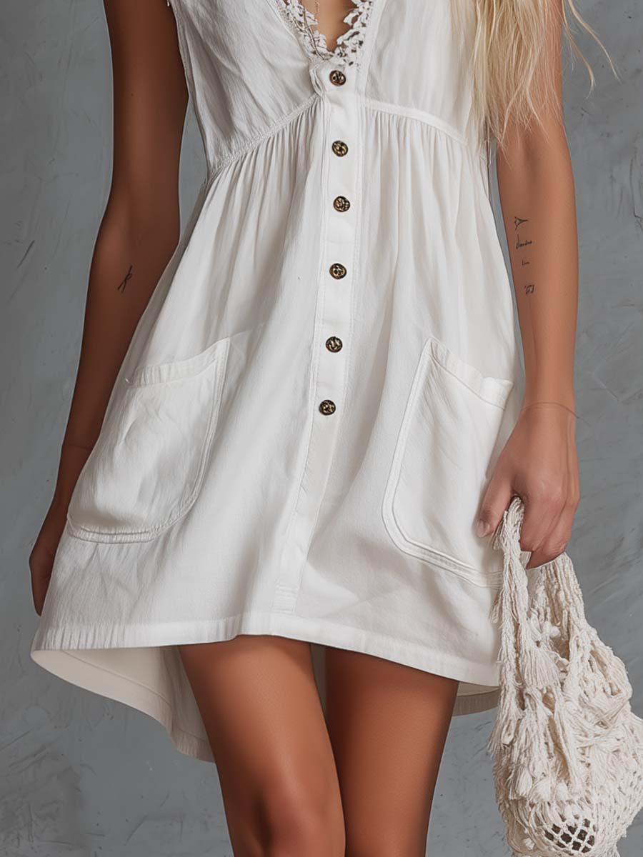 Evangeline | Elegant Vintage Western Lace V-neck Front-button White Cotton Mini Dress