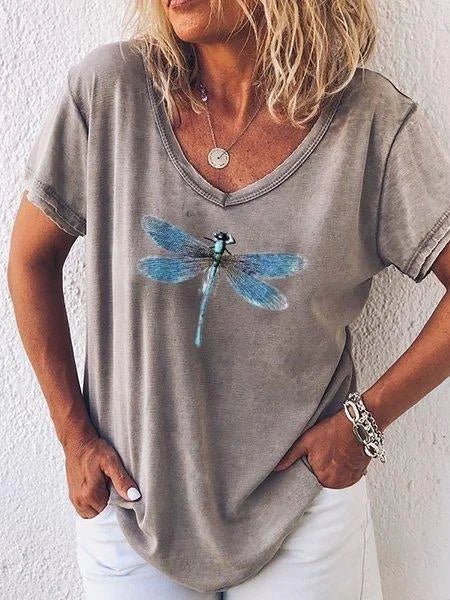 Harlow | Casual V-Neck Tee with Dragonfly Print and Short Sleeves