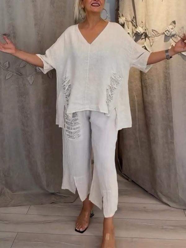 Avery | Women's Casual 2-Piece Set with V-Neck Top and Cropped Trousers