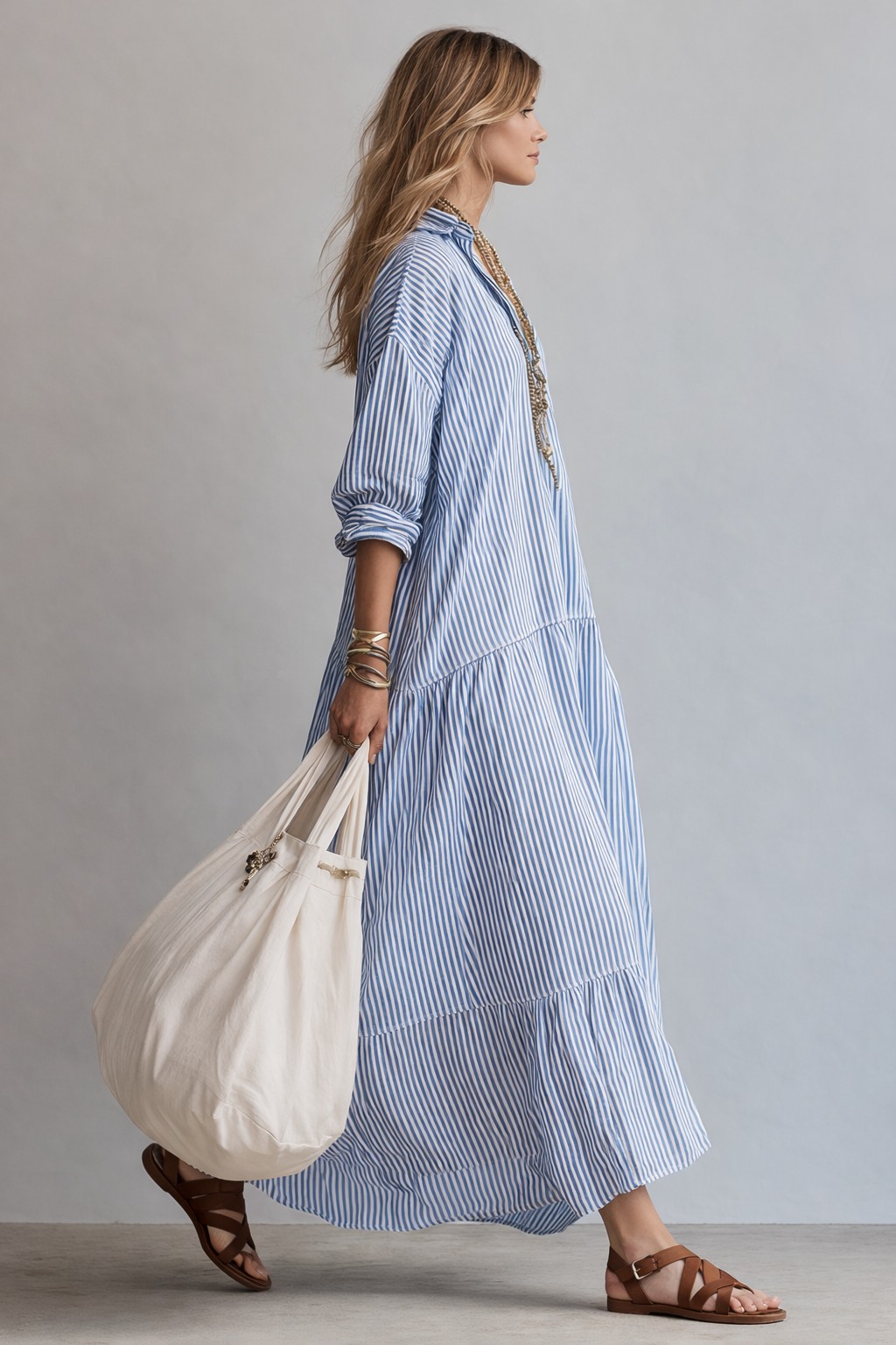 Charlotte | Women's Striped Button Front Oversized Maxi Shirt Dress