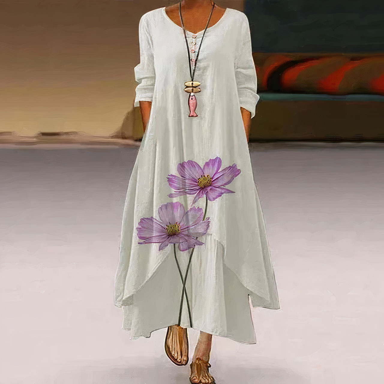 Flora | Women's Floral Print Long Sleeve Loose Maxi Dress