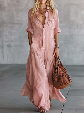 Calista | Casual Retro Western V-neck Front Button Short Sleeve Pink Cotton Linen Shirt Maxi Dress