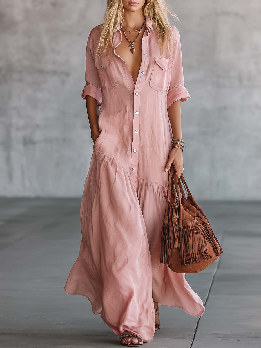 Calista | Casual Retro Western V-neck Front Button Short Sleeve Pink Cotton Linen Shirt Maxi Dress