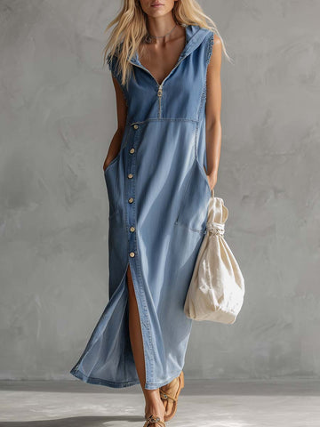 Delaney | Exquisite Vintage Casual Hooded V-neck Zipper Side Slits Buttons Blue Denim Midi Dress