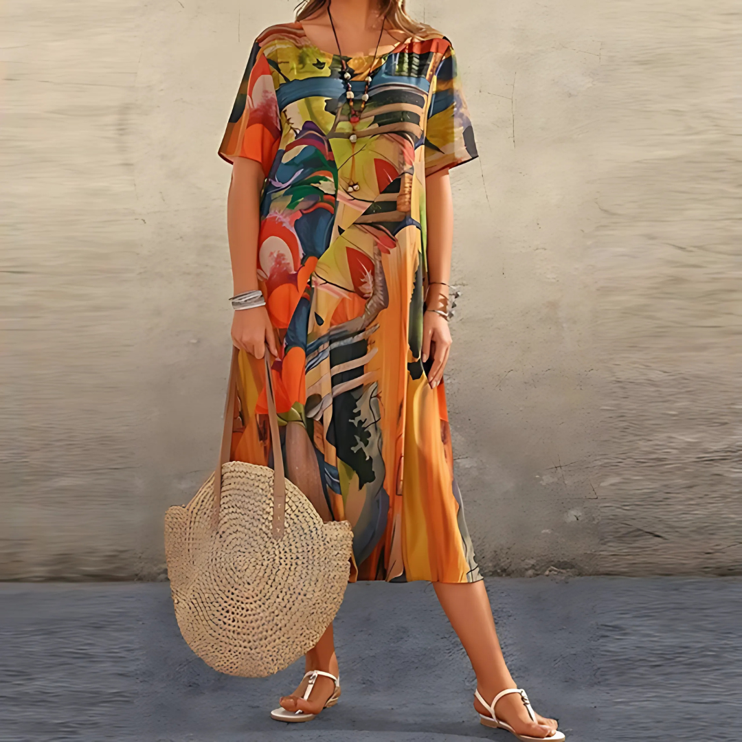Amara | Women's Floral Dress with A-Line Cut and Short Sleeves