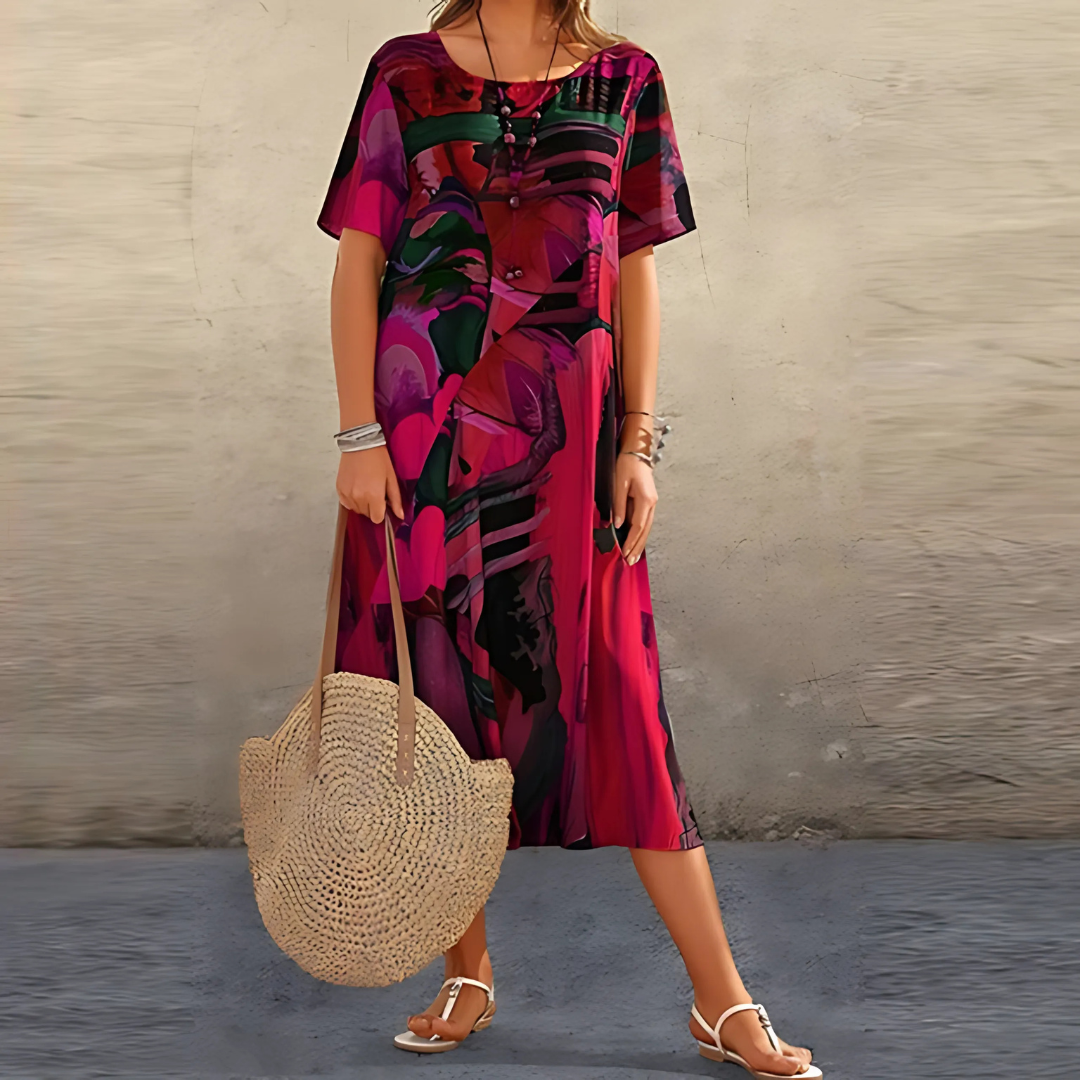 Amara | Women's Floral Dress with A-Line Cut and Short Sleeves