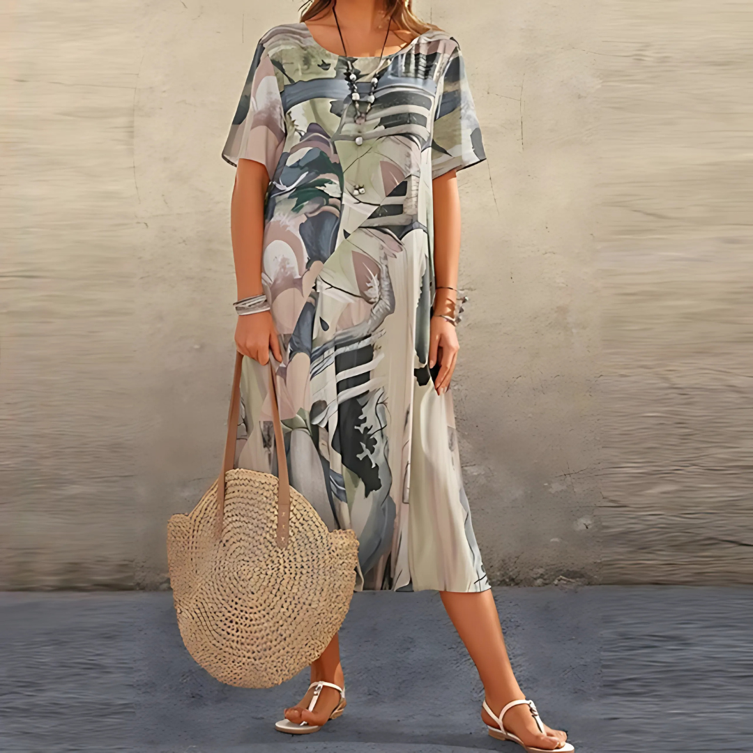Amara | Women's Floral Dress with A-Line Cut and Short Sleeves