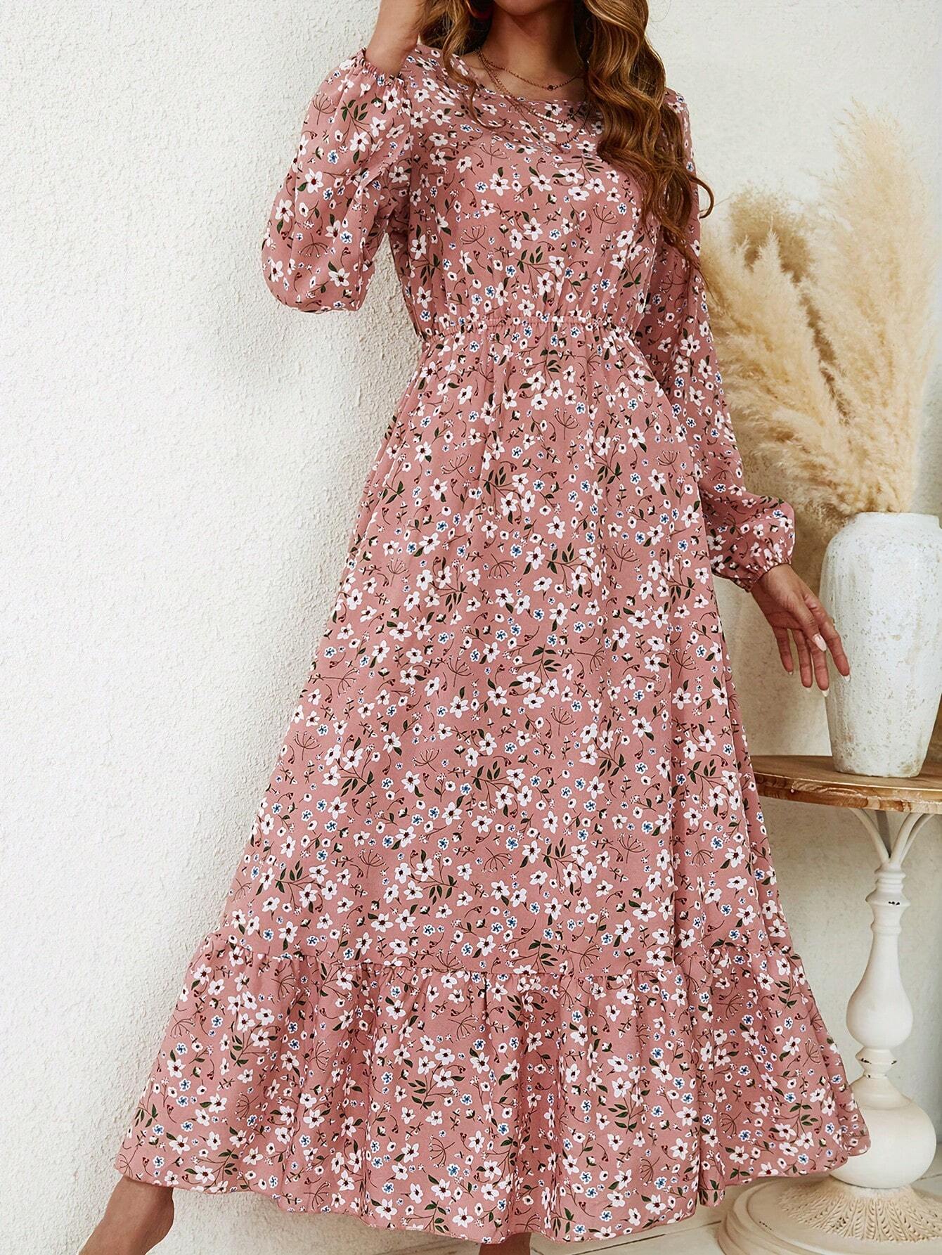 Flora | Women's Floral Print Bishop Sleeve Smocked Waist Maxi Dress