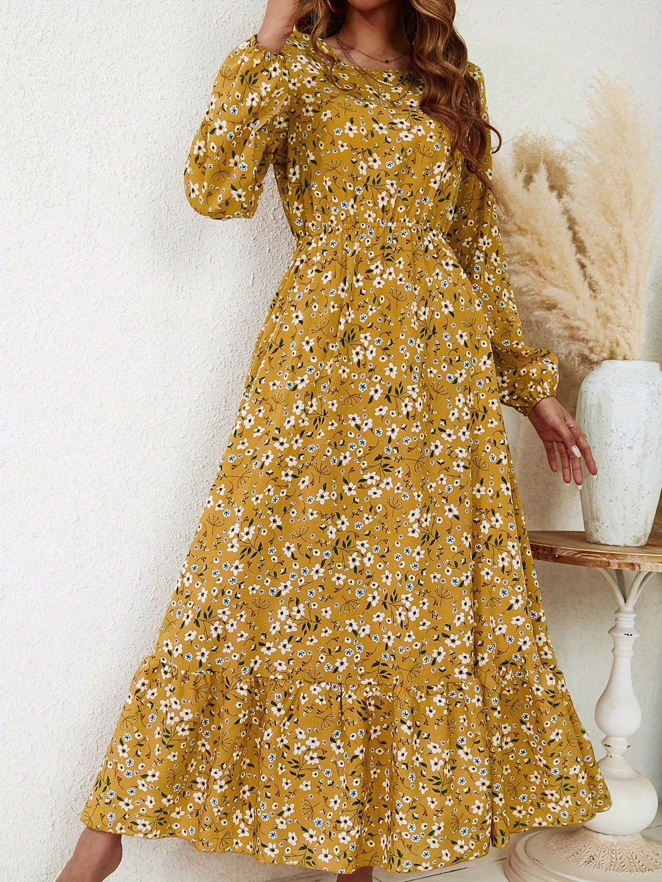 Flora | Women's Floral Print Bishop Sleeve Smocked Waist Maxi Dress