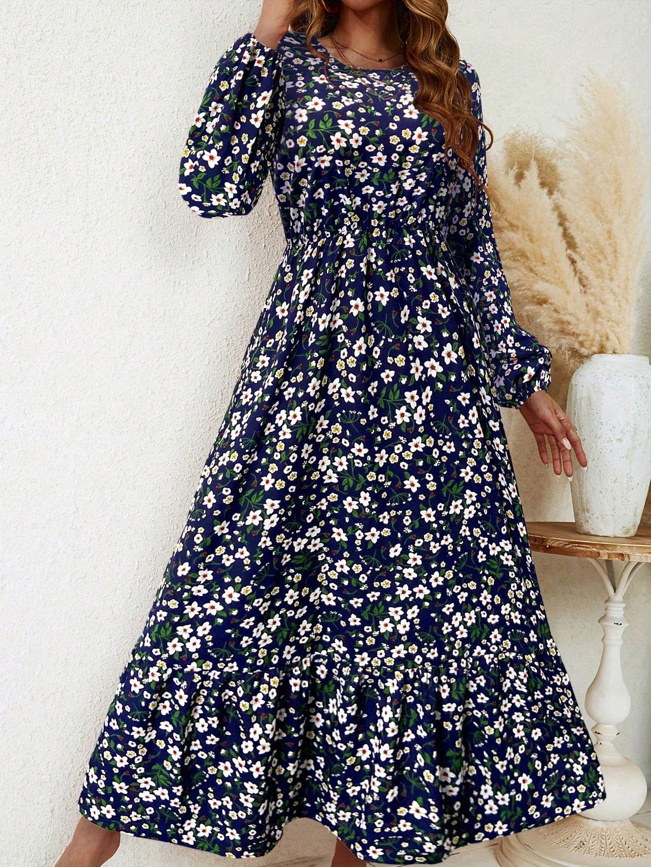 Flora | Women's Floral Print Bishop Sleeve Smocked Waist Maxi Dress