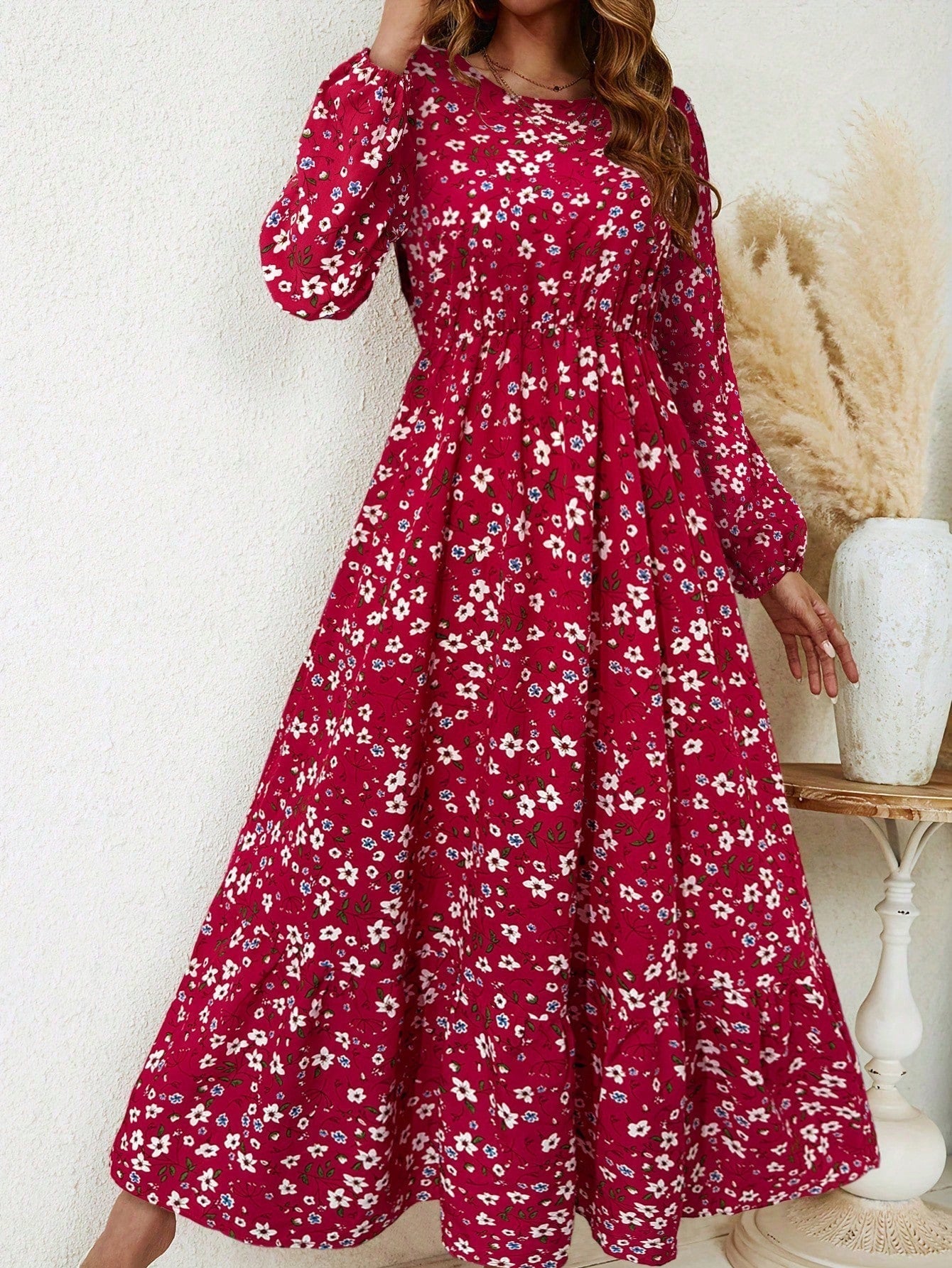Flora | Women's Floral Print Bishop Sleeve Smocked Waist Maxi Dress