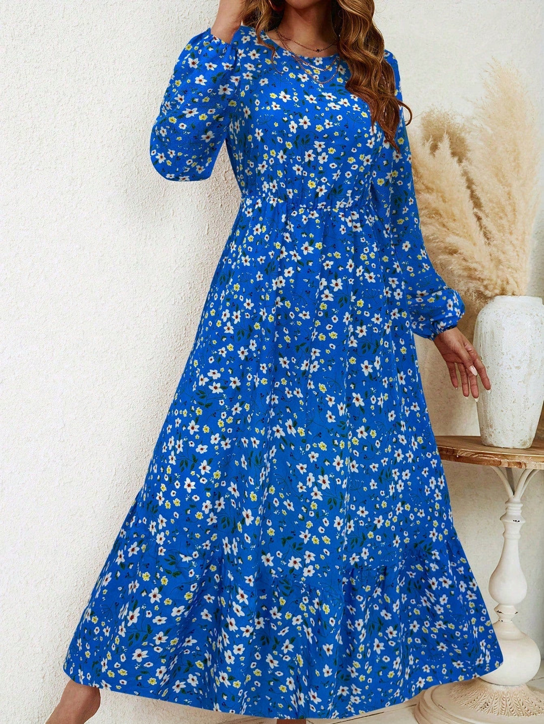 Flora | Women's Floral Print Bishop Sleeve Smocked Waist Maxi Dress