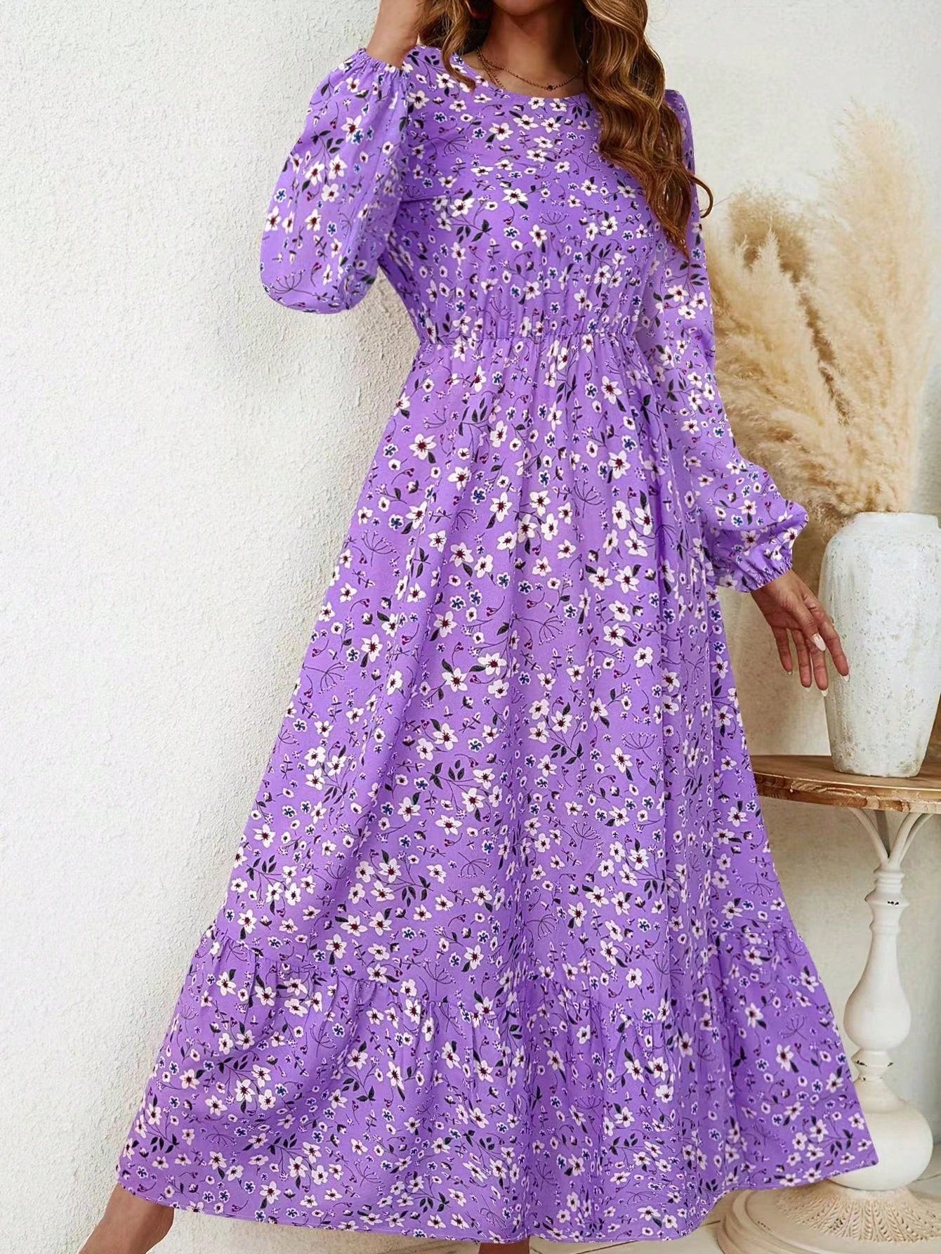 Flora | Women's Floral Print Bishop Sleeve Smocked Waist Maxi Dress