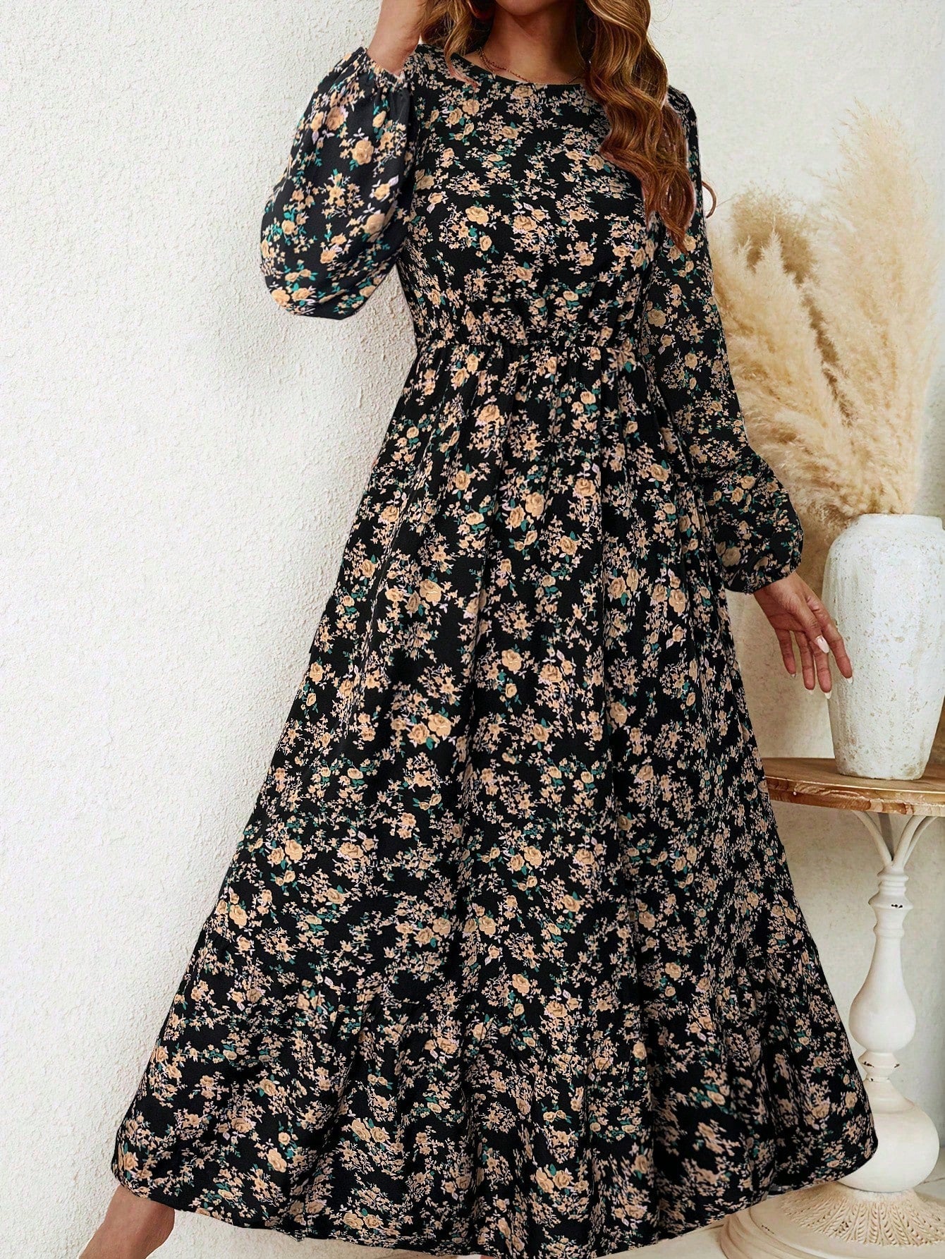 Flora | Women's Floral Print Bishop Sleeve Smocked Waist Maxi Dress