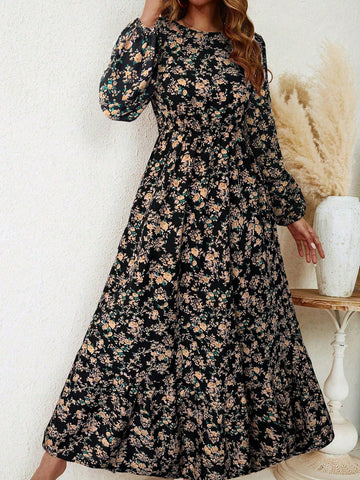 Flora | Women's Floral Print Bishop Sleeve Smocked Waist Maxi Dress