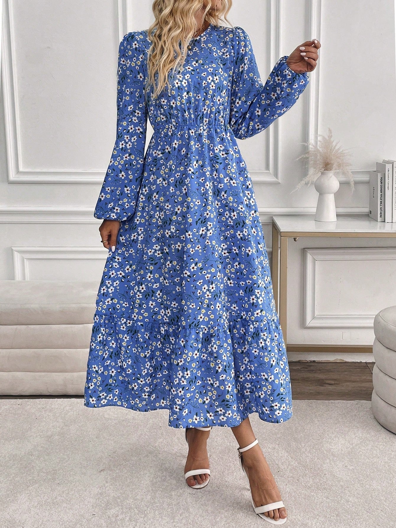 Flora | Women's Floral Print Bishop Sleeve Smocked Waist Maxi Dress