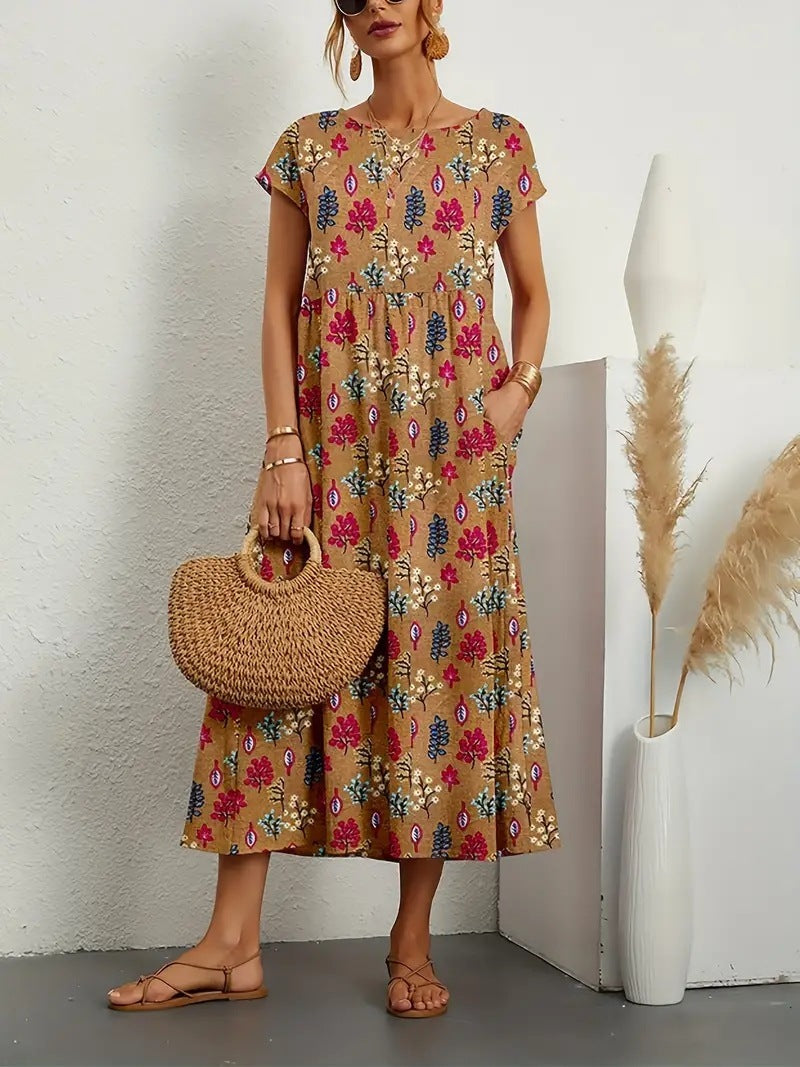 Eden | Women's Floral Dress with A-Line Silhouette and Short Sleeves