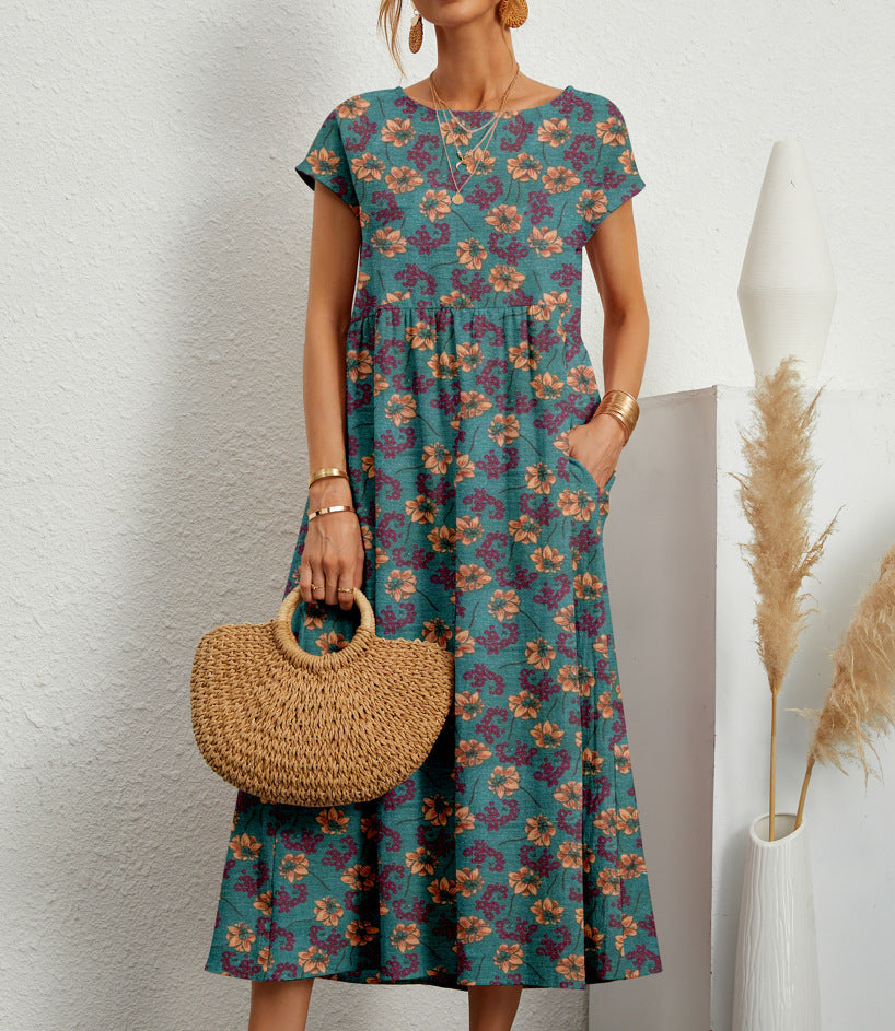 Eden | Women's Floral Dress with A-Line Silhouette and Short Sleeves