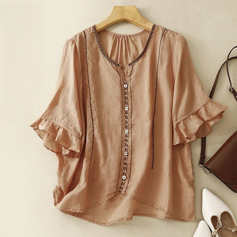 Adeline | Ruffle Sleeve Blouse with Pattern Design