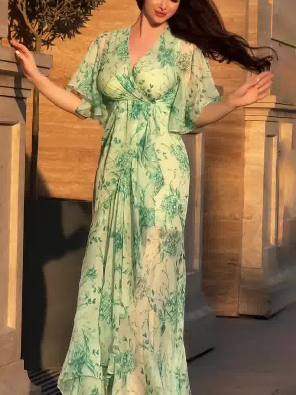 Elovelle | Women's Printed Dress with V-Neck and Trumpet Sleeves