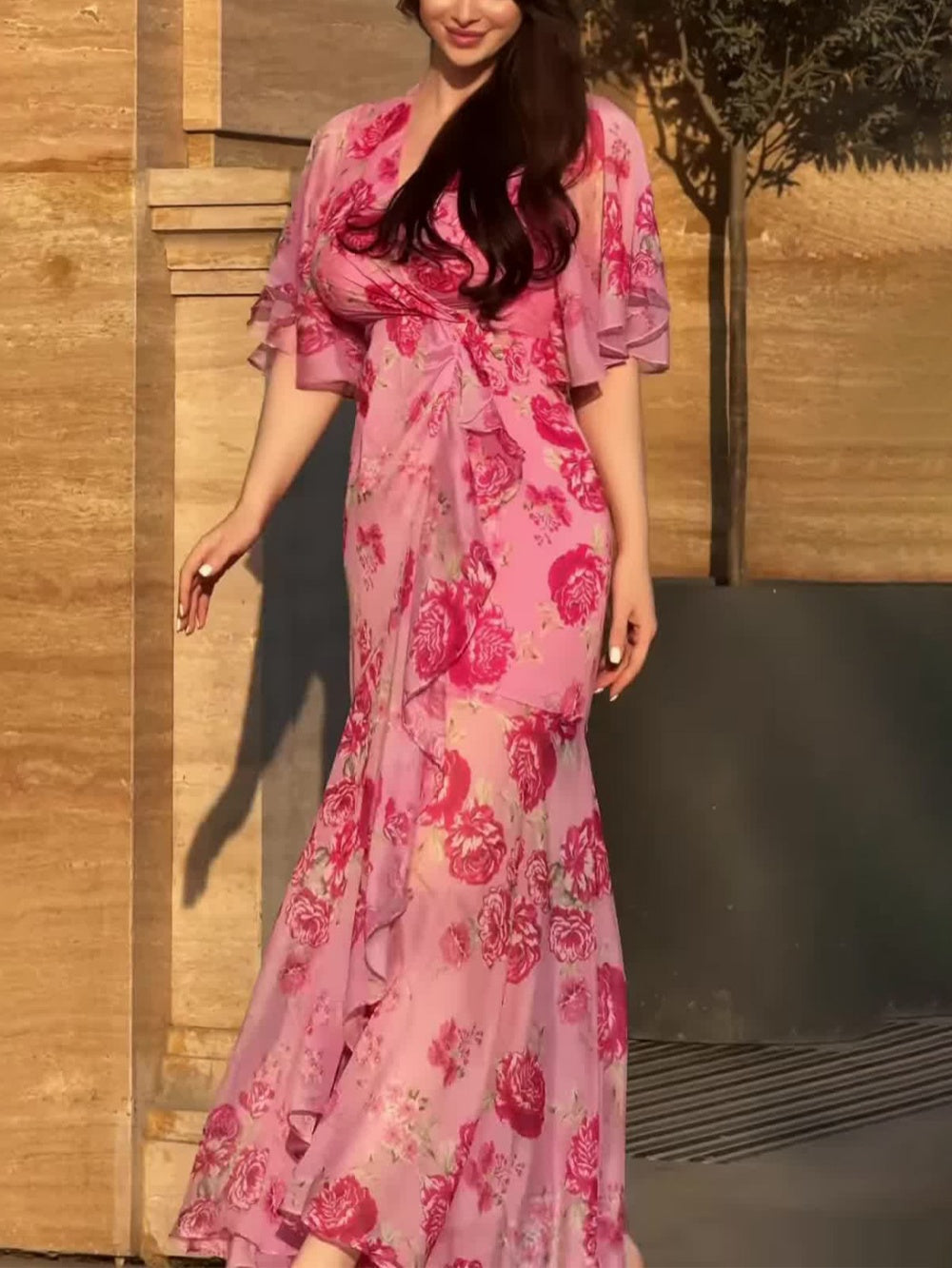 Elovelle | Women's Printed Dress with V-Neck and Trumpet Sleeves