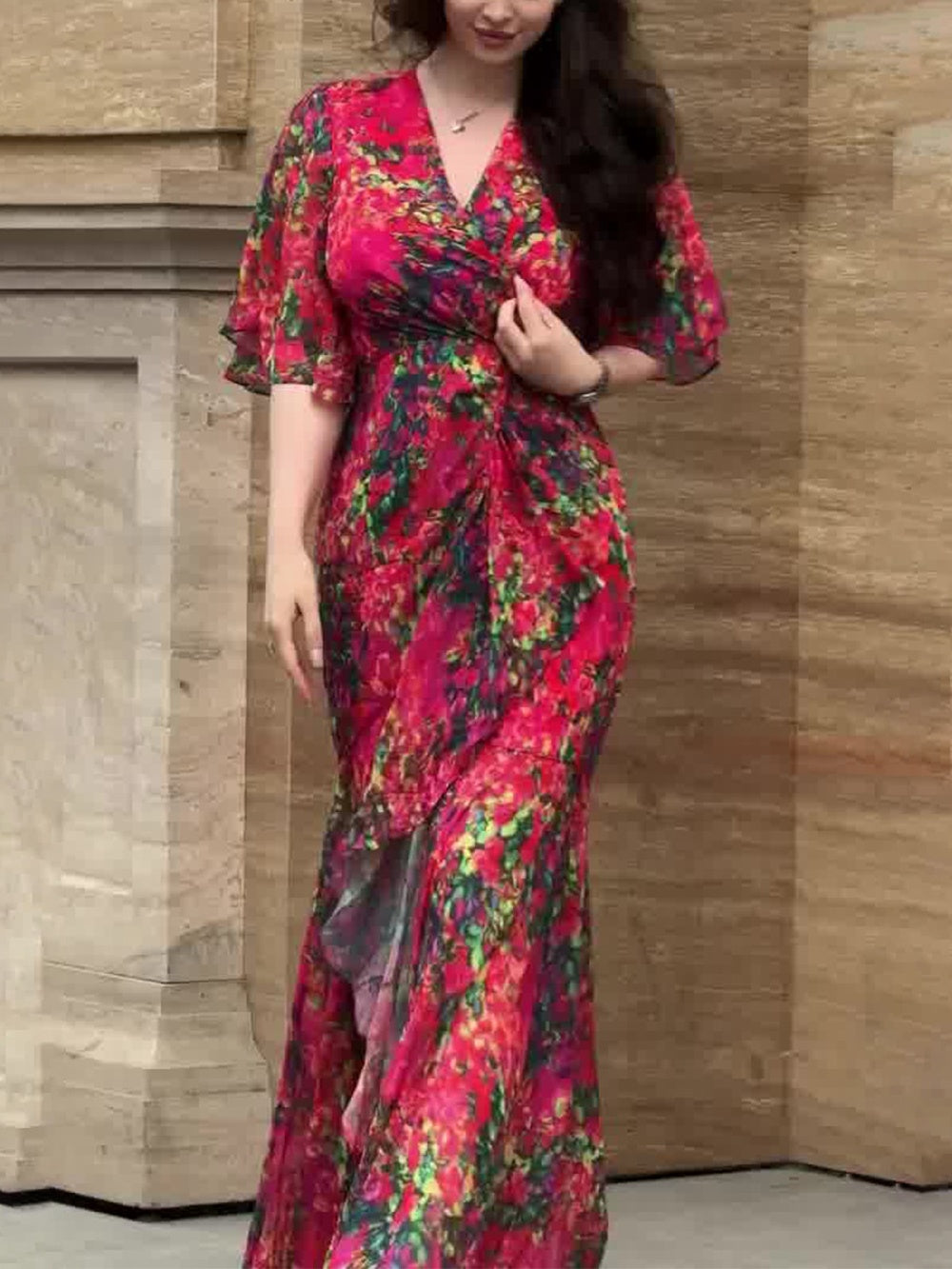Elovelle | Women's Printed Dress with V-Neck and Trumpet Sleeves