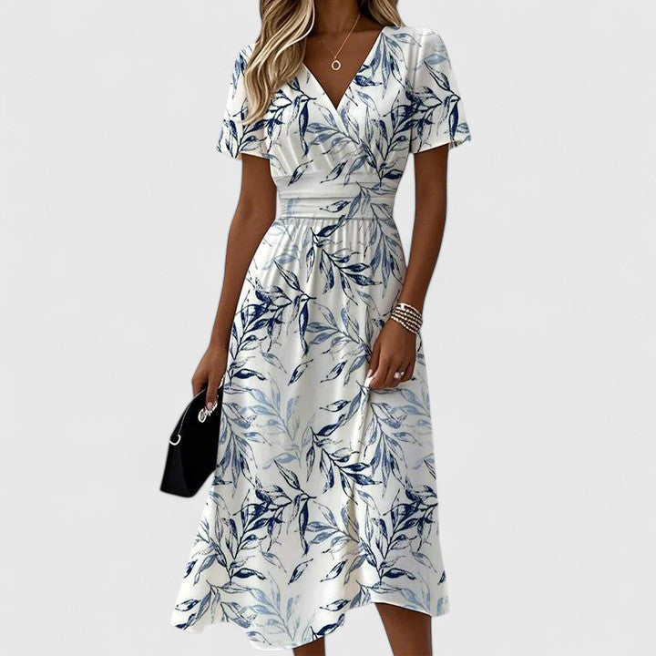 Flora | Women's Floral Print Wrap V-Neck Flutter Sleeve Midi Dress