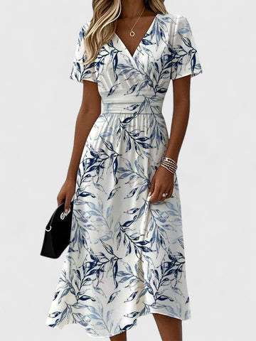 Flora | Women's Floral Print Wrap V-Neck Flutter Sleeve Midi Dress
