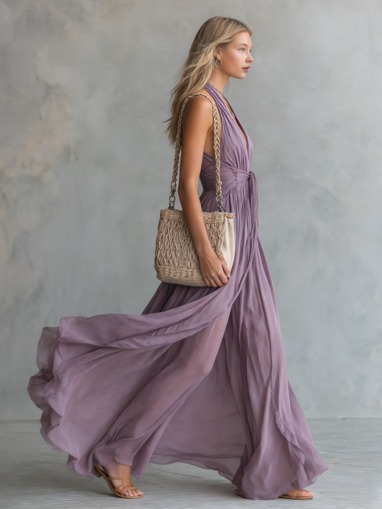 Evelina | Elegant And Stylish Halter Neck V-neck Sleeveless Chiffon Maxi Dress
