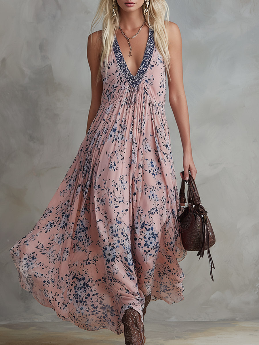 Evelisse | Retro Classic Floral Print Pink Chiffon V-Neck Sleeveless Maxi Dress
