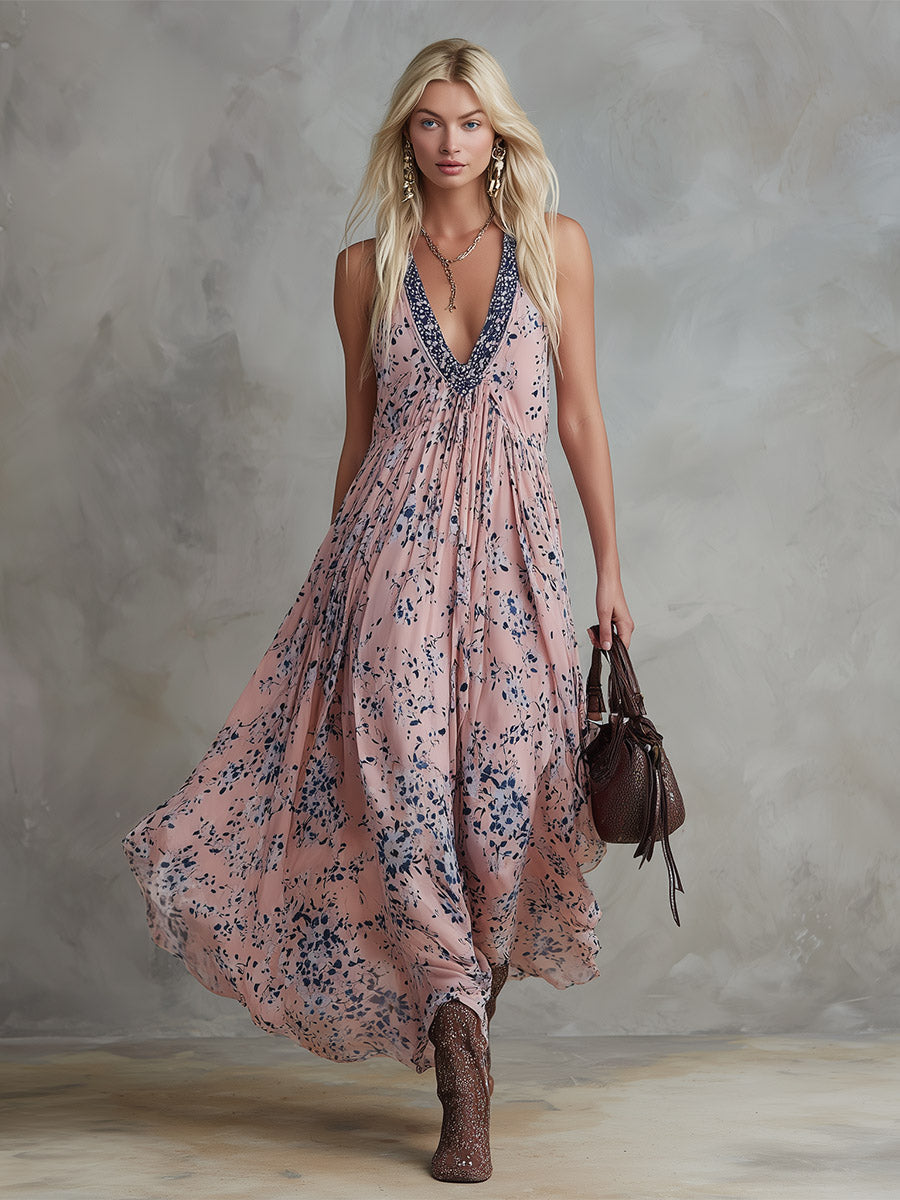 Evelisse | Retro Classic Floral Print Pink Chiffon V-Neck Sleeveless Maxi Dress