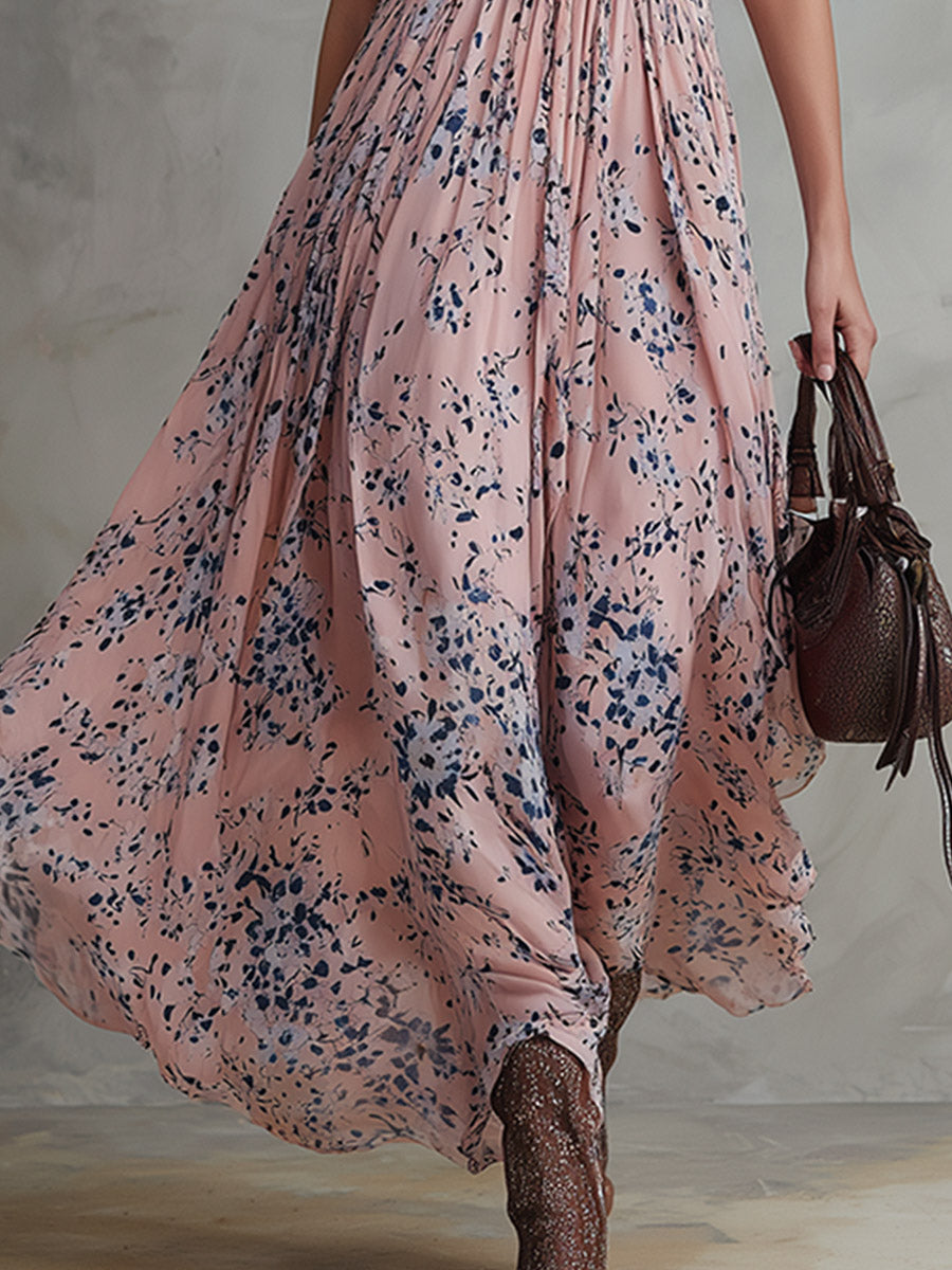 Evelisse | Retro Classic Floral Print Pink Chiffon V-Neck Sleeveless Maxi Dress