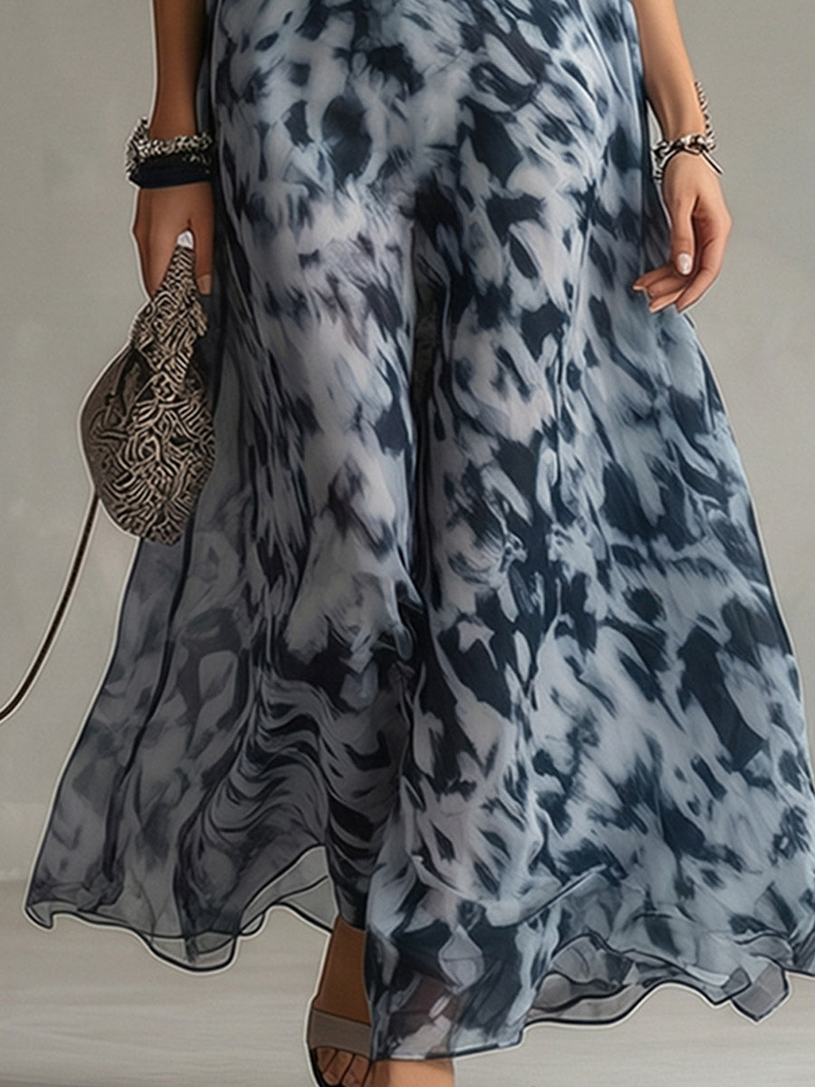 Aureline | Elegant Urban Navy Blue Impression Print Chiffon Halter Maxi Dress