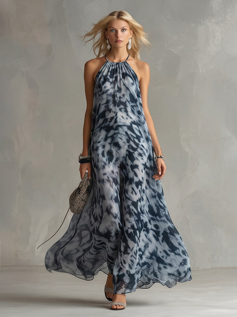 Aureline | Elegant Urban Navy Blue Impression Print Chiffon Halter Maxi Dress