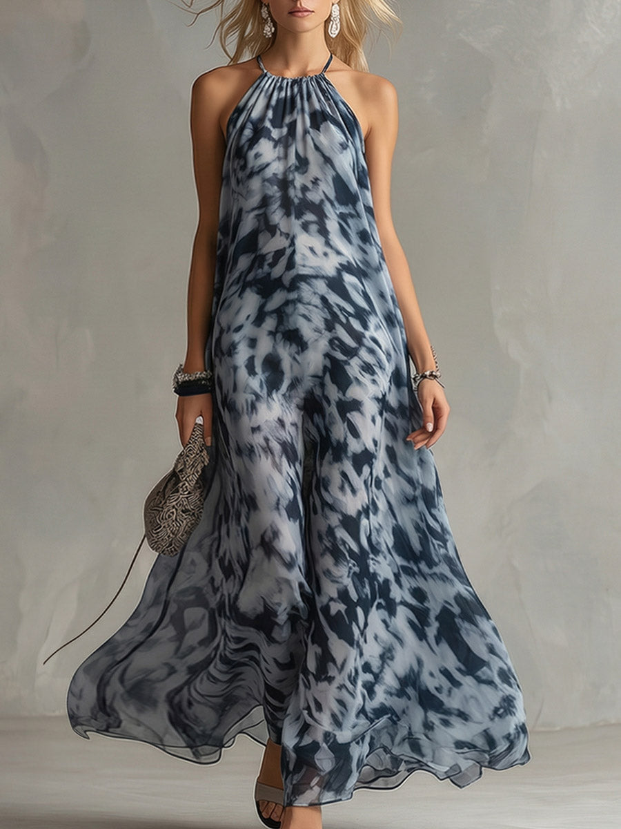 Aureline | Elegant Urban Navy Blue Impression Print Chiffon Halter Maxi Dress