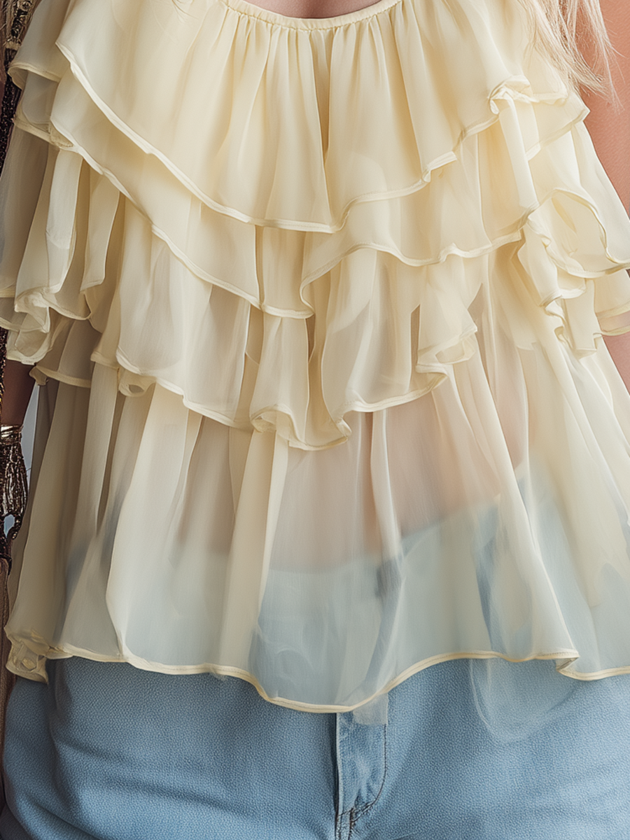 Emery | Beautiful Sleeveless Round Neck Layered Ruffles Chiffon Top