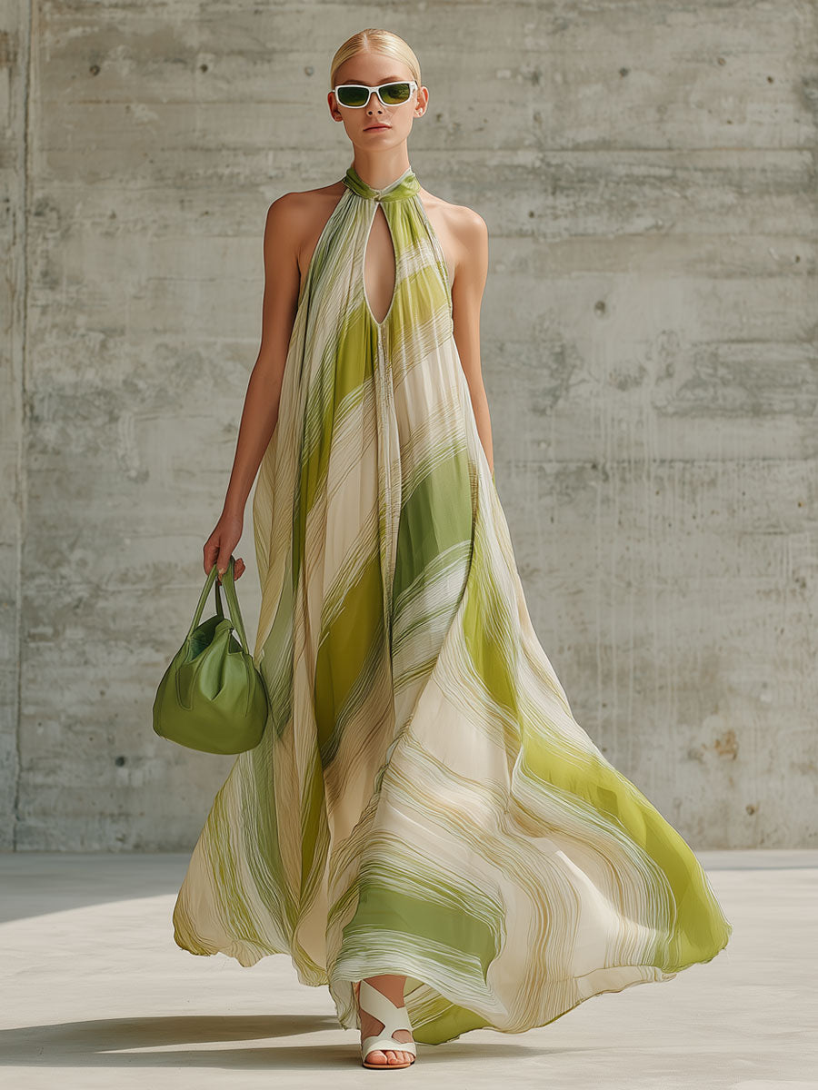 Coralie | Fashionable Vacation Retro Striped Light Green Chiffon Sleeveless Maxi Dress