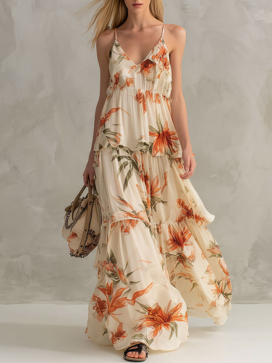 Anastelle | Fashionable Retro Printed Ruffled Off-white V-neck Chiffon Maxi Dress