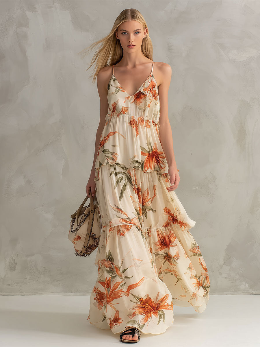 Anastelle | Fashionable Retro Printed Ruffled Off-white V-neck Chiffon Maxi Dress