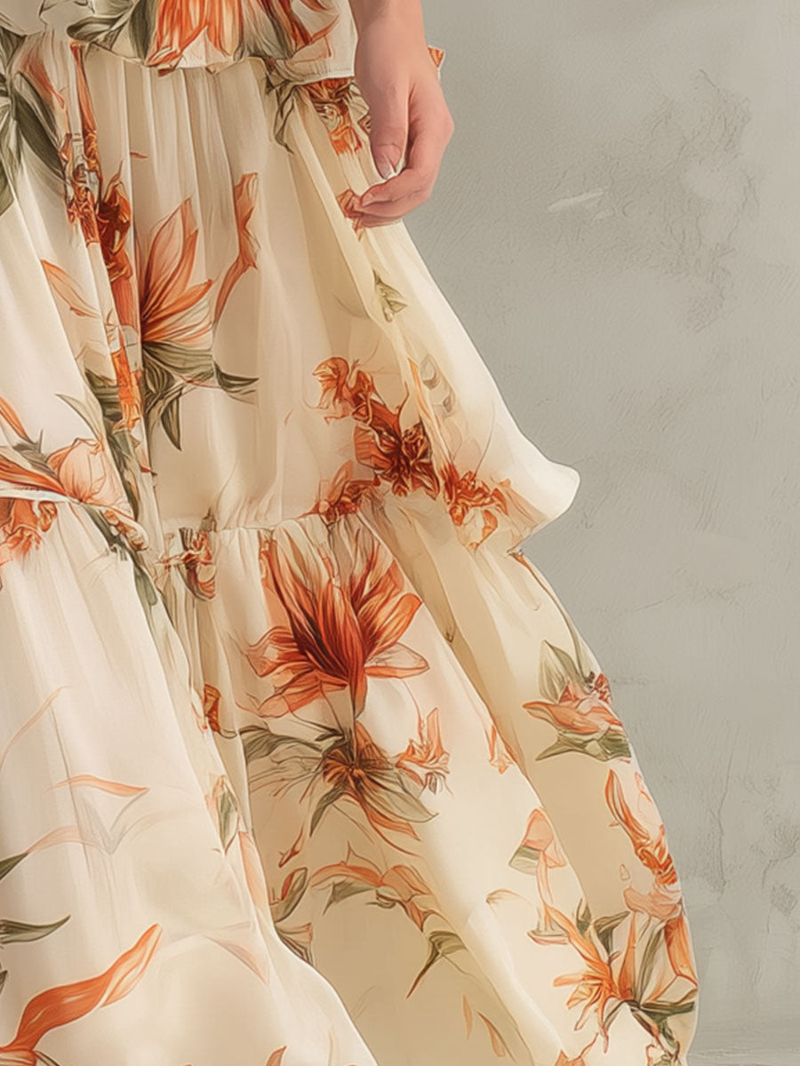 Anastelle | Fashionable Retro Printed Ruffled Off-white V-neck Chiffon Maxi Dress