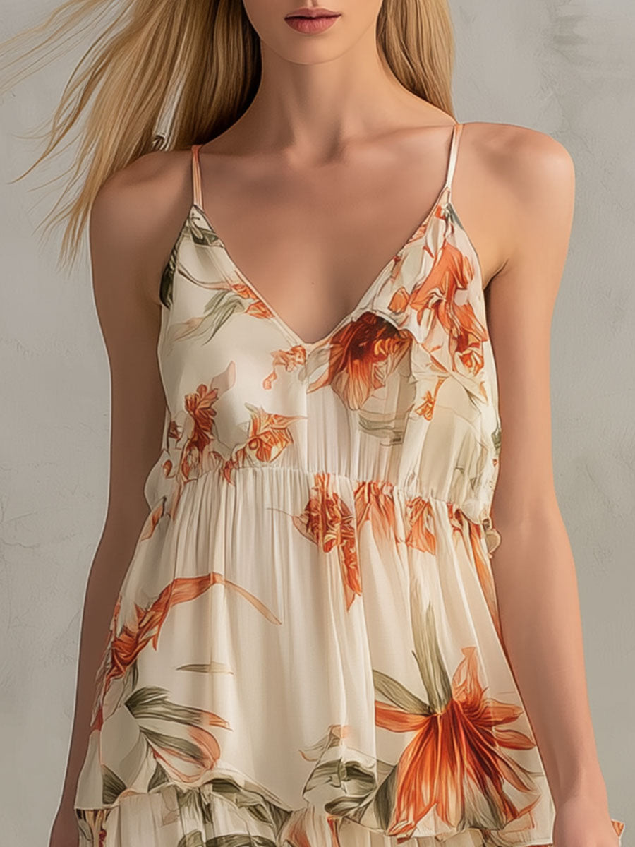 Anastelle | Fashionable Retro Printed Ruffled Off-white V-neck Chiffon Maxi Dress