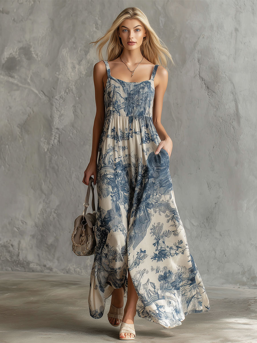 Colette | Retro Elegant Blue Floral Print Sleeveless Square Neck Chiffon Maxi Dress