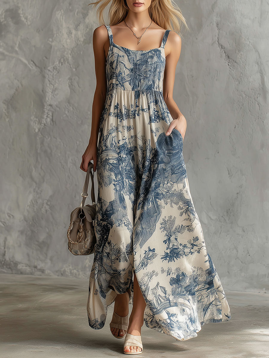 Colette | Retro Elegant Blue Floral Print Sleeveless Square Neck Chiffon Maxi Dress