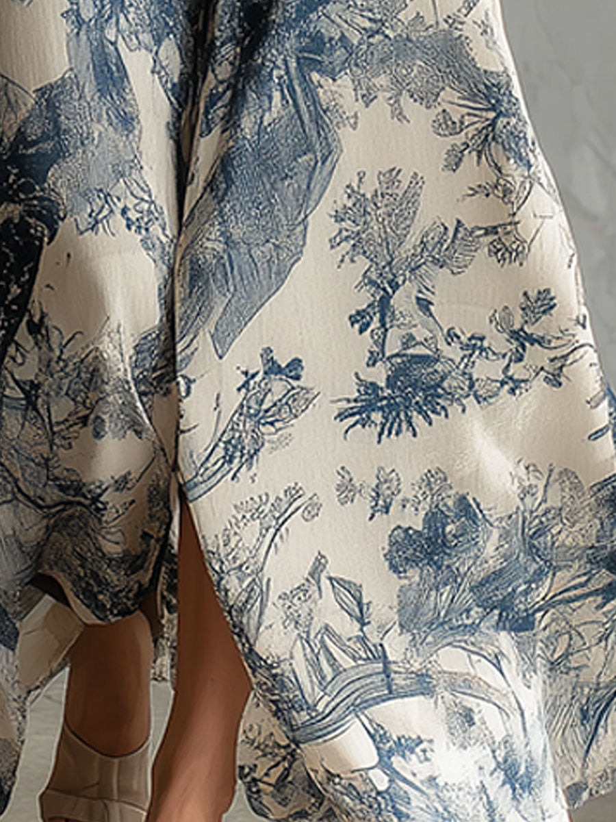 Colette | Retro Elegant Blue Floral Print Sleeveless Square Neck Chiffon Maxi Dress