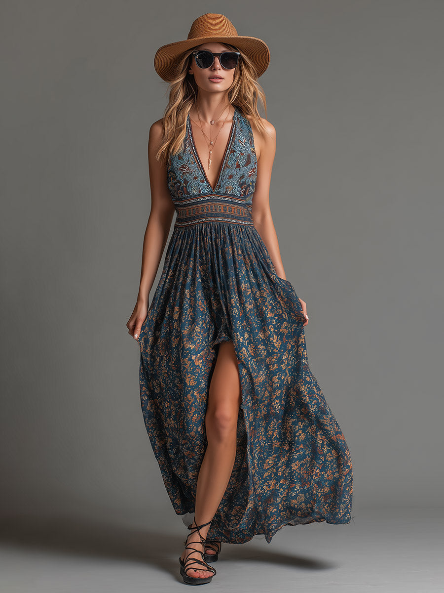 Evadine | Retro Bohemian Teal Floral Printed Chiffon Sleeveless Maxi Dress